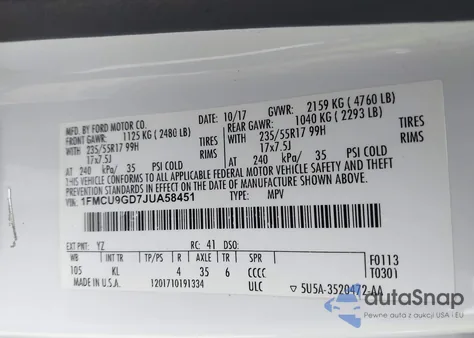 2018 Ford Escape Se z USA, uszkodzony, nr VIN 1FMCU9GD7JUA58451